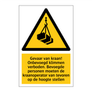 Gevaar van kraan! Onbevoegd klimmen verboden. Bevoegde personen moeten de kraanoperator van tevoren op de hoogte stellen