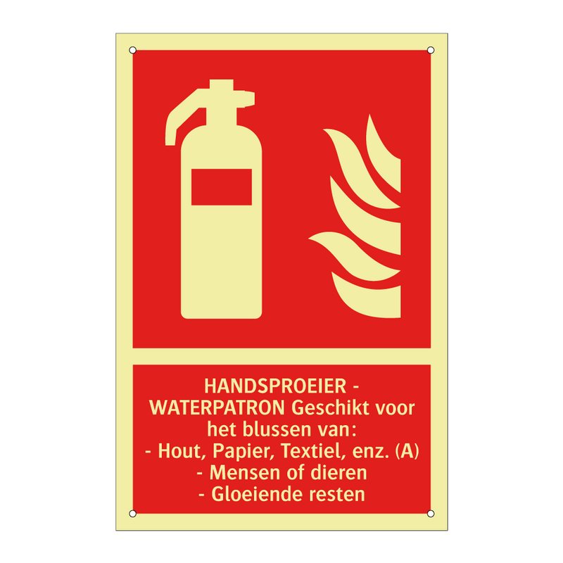 HANDSPROEIER - WATERPATRON Geschikt voor het blussen van: - Hout, Papier, Textiel, enz. (A) - Mensen of dieren - Gloeiende resten