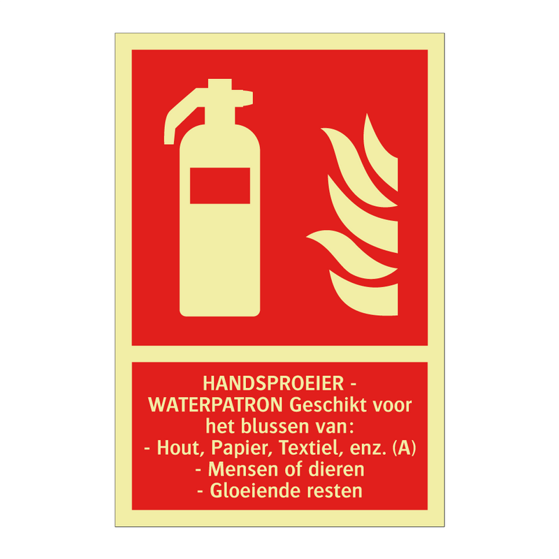 HANDSPROEIER - WATERPATRON Geschikt voor het blussen van: - Hout, Papier, Textiel, enz. (A) - Mensen of dieren - Gloeiende resten