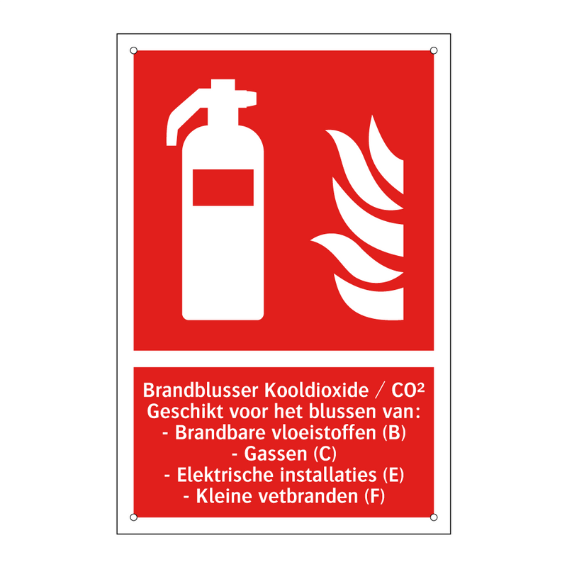 Brandblusser Kooldioxide / CO² Geschikt voor het blussen van: - Brandbare vloeistoffen (B) - Gassen (C) - Elektrische installaties (E) - Kleine vetbranden (F)