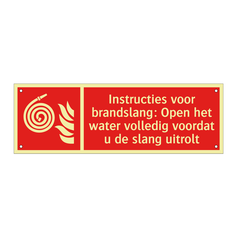 Instructies voor brandslang: Open het water volledig voordat u de slang uitrolt