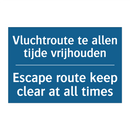 Vluchtroute te allen tijde vrijhouden /.../ - Escape route keep clear at all /.../