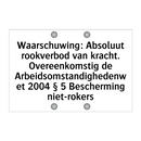 Waarschuwing: Absoluut rookverbod van kracht. Overeenkomstig de Arbeidsomstandighedenwet 2004 § 5 Bescherming niet-rokers