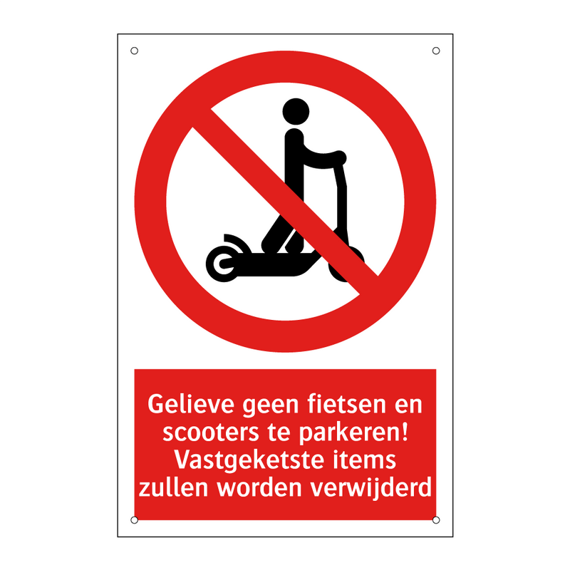 Gelieve geen fietsen en scooters te parkeren! Vastgeketste items zullen worden verwijderd