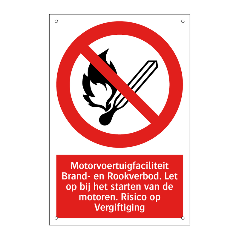 Motorvoertuigfaciliteit Brand- en Rookverbod. Let op bij het starten van de motoren. Risico op Vergiftiging