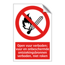 Open vuur verboden; vuur en onbeschermde ontstekingsbronnen verboden, niet roken