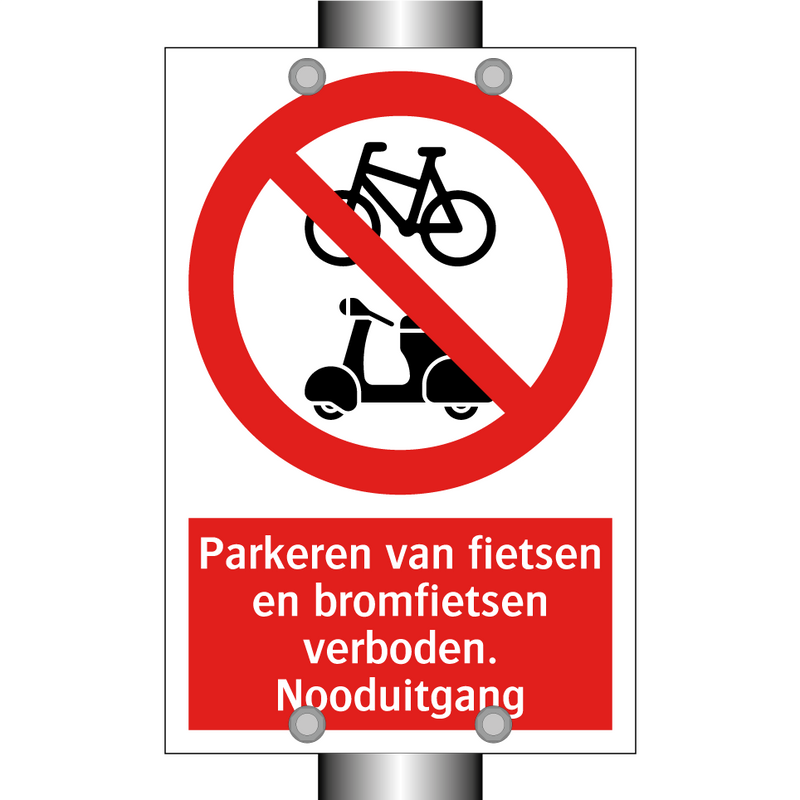 Parkeren van fietsen en bromfietsen verboden. Nooduitgang