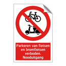 Parkeren van fietsen en bromfietsen verboden. Nooduitgang