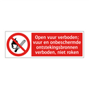 Open vuur verboden; vuur en onbeschermde ontstekingsbronnen verboden, niet roken