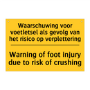 Waarschuwing voor voetletsel als /.../ - Warning of foot injury due to /.../
