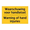 Waarschuwing voor handletsel - Warning of hand injuries