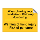Waarschuwing voor handletsel - Risico op doorboring - Warning of hand injury - Risk of puncture