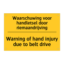 Waarschuwing voor handletsel door riemaandrijving - Warning of hand injury due to belt drive