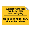 Waarschuwing voor handletsel door riemaandrijving - Warning of hand injury due to belt drive