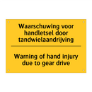 Waarschuwing voor handletsel door tandwielaandrijving - Warning of hand injury due to gear drive