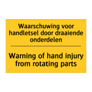 Waarschuwing voor handletsel door draaiende onderdelen - Warning of hand injury from rotating parts