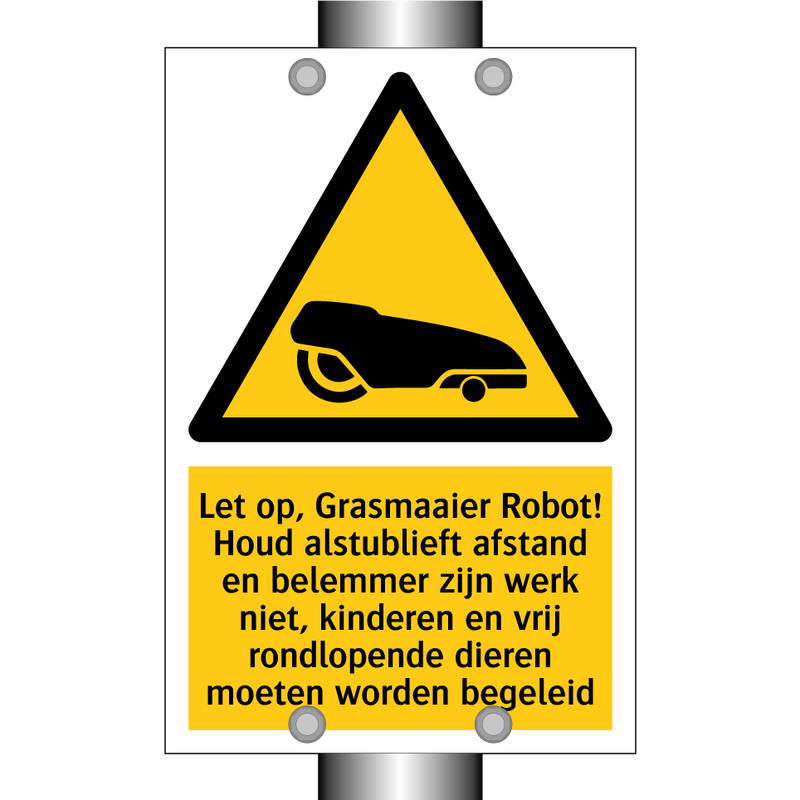 Let op, Grasmaaier Robot! Houd alstublieft afstand en belemmer zijn werk niet, kinderen en vrij rondlopende dieren moeten worden begeleid