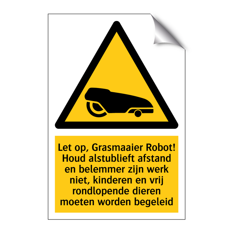 Let op, Grasmaaier Robot! Houd alstublieft afstand en belemmer zijn werk niet, kinderen en vrij rondlopende dieren moeten worden begeleid