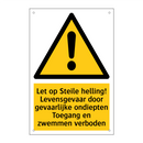 Let op Steile helling! Levensgevaar door gevaarlijke ondiepten Toegang en zwemmen verboden