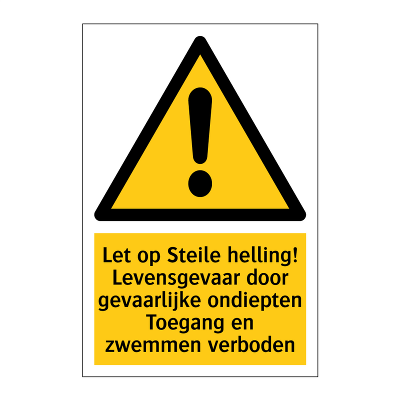 Let op Steile helling! Levensgevaar door gevaarlijke ondiepten Toegang en zwemmen verboden
