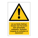 Let op Steile Helling! Gevaar voor het leven door gevaarlijke ondiepten. Verboden toegang en verboden te zwemmen!