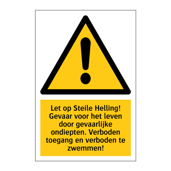 Let op Steile Helling! Gevaar voor het leven door gevaarlijke ondiepten. Verboden toegang en verboden te zwemmen!