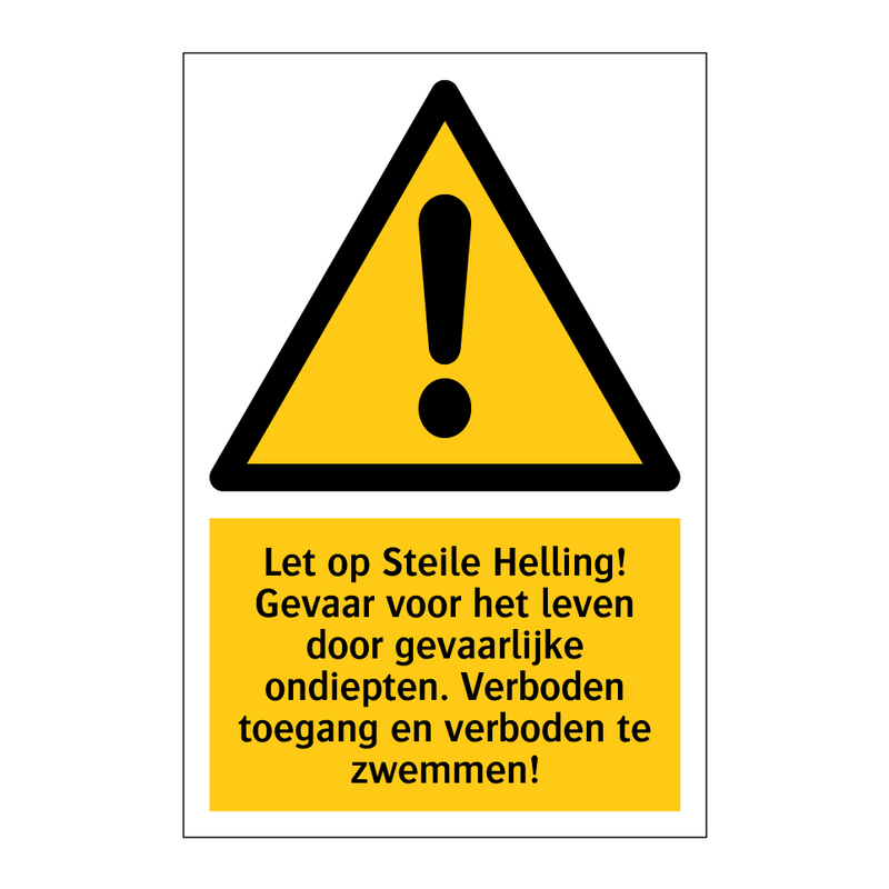 Let op Steile Helling! Gevaar voor het leven door gevaarlijke ondiepten. Verboden toegang en verboden te zwemmen!