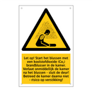 Let op! Start het blussen met een koolstofdioxide (Co₂) brandblusser in de kamer. Verlaat onmiddellijk de kamer na het blussen - sluit de deur! Betreed de kamer daarna niet - risico op verstikking!