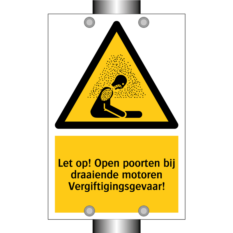Let op! Open poorten bij draaiende motoren Vergiftigingsgevaar!