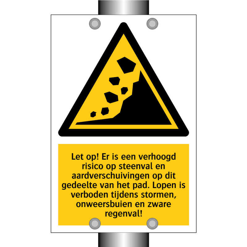 Let op! Er is een verhoogd risico op steenval en aardverschuivingen op dit gedeelte van het pad. Lopen is verboden tijdens stormen, onweersbuien en zware regenval!