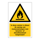 In deze ruimte is alleen de opslag van motorvoertuigen met benzine- of dieselbrandstof toegestaan!