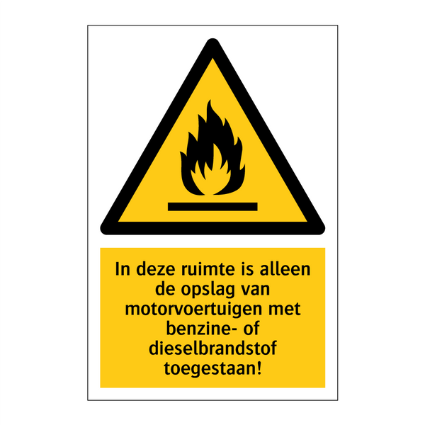 In deze ruimte is alleen de opslag van motorvoertuigen met benzine- of dieselbrandstof toegestaan!