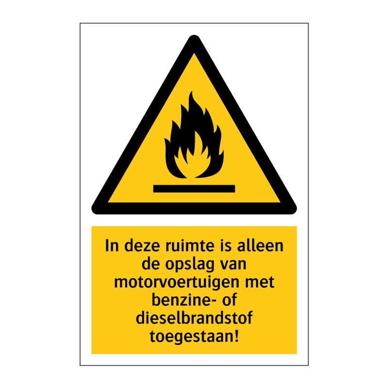 In deze ruimte is alleen de opslag van motorvoertuigen met benzine- of dieselbrandstof toegestaan!