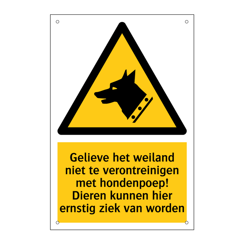 Gelieve het weiland niet te verontreinigen met hondenpoep! Dieren kunnen hier ernstig ziek van worden