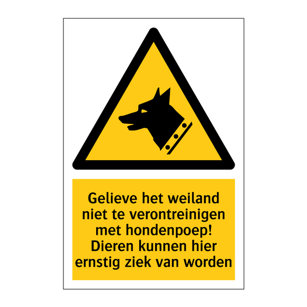 Gelieve het weiland niet te verontreinigen met hondenpoep! Dieren kunnen hier ernstig ziek van worden