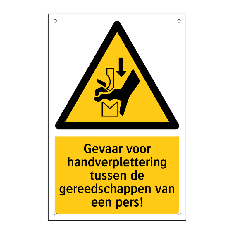 Gevaar voor handverplettering tussen de gereedschappen van een pers!