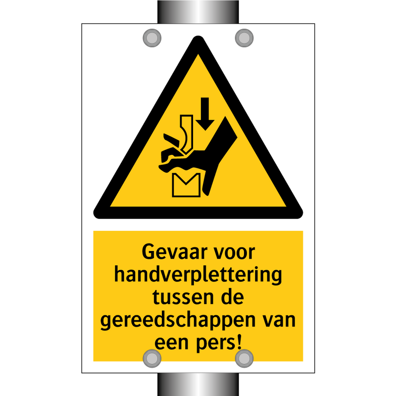 Gevaar voor handverplettering tussen de gereedschappen van een pers!