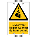 Gevaar voor knijpen wanneer de kraan zwaait