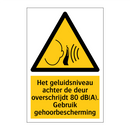 Het geluidsniveau achter de deur overschrijdt 80 dB(A). Gebruik gehoorbescherming