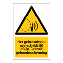 Het geluidsniveau overschrijdt 80 dB(A). Gebruik gehoorbescherming