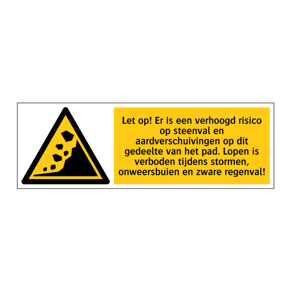 Let op! Er is een verhoogd risico op steenval en aardverschuivingen op dit gedeelte van het pad. Lopen is verboden tijdens stormen, onweersbuien en zware regenval!